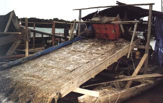 sur des barges munies de pompes puissantes les chercheurs d'or pompent le limon à la recherche de poussière d'or